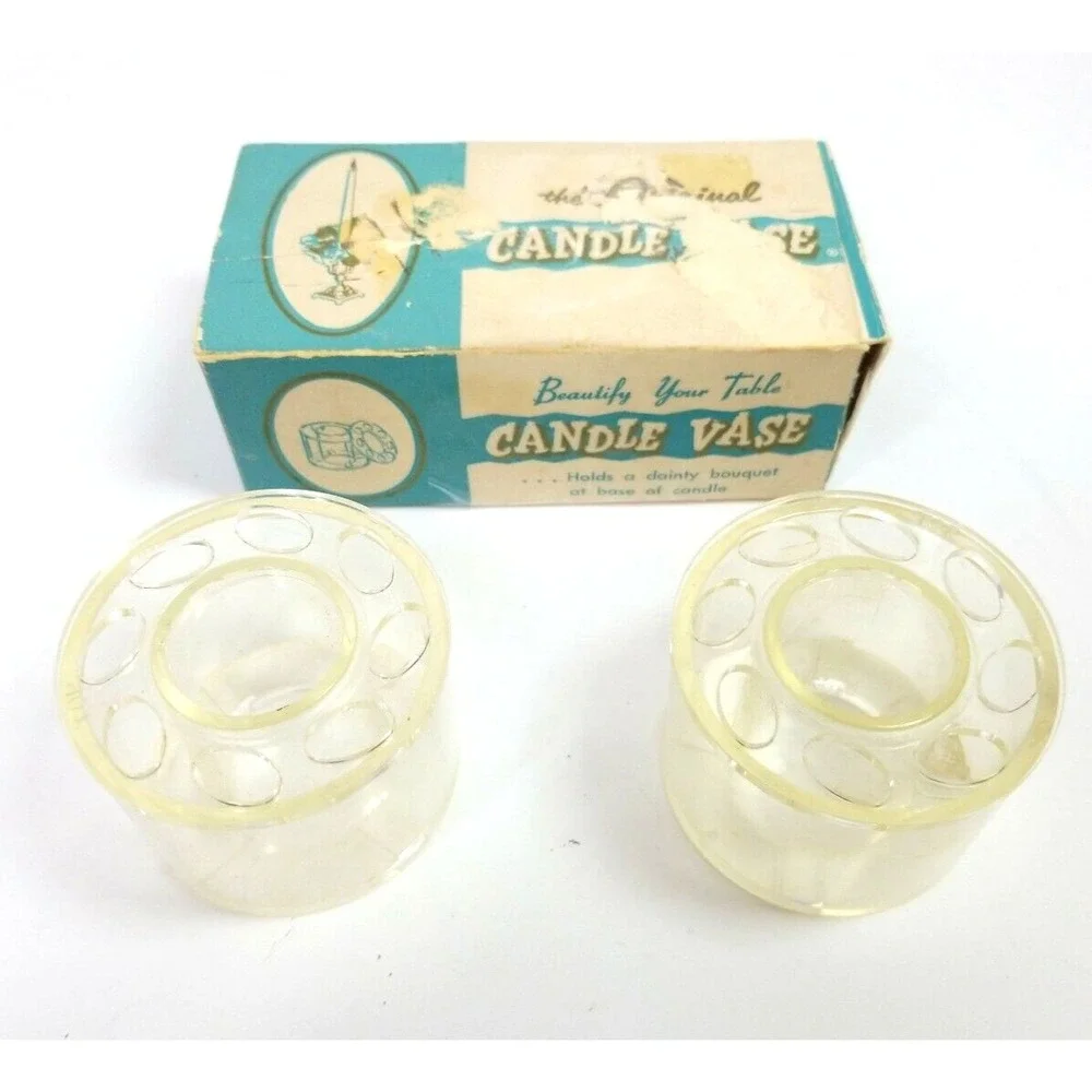 Vintage Flower Candle Vase with Original Box, Clear - Circa 1950's (Two in Pack)